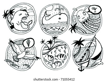 Retro Set of Summer Scenes (vector sketch)