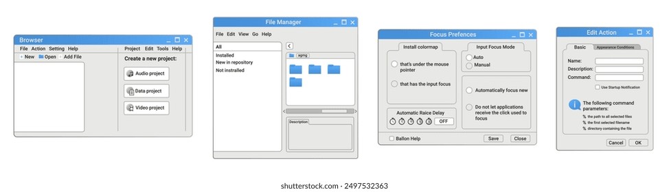 Retro set of system windows in blue style. Old browser with user interface options.