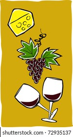 Retro Set of Two Wine Glasses Cheese and Bunch of Grapes Display Vector Illustration
