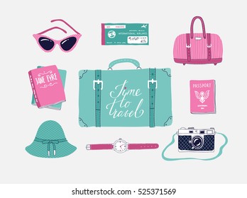 Retro set of vector illustrations about travel , vacation, adventure. Retro 50's style. Hand drawn, travel lettering. Suitcase, bag, camera, clothes and other stuff.