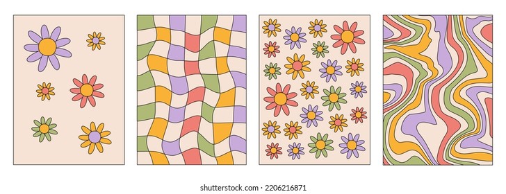 Retro set vertical backgrounds in style hippie 60s, 70s. Trendy collection groovy flowers, distorted checkered and waves templates. Pastel colors. Vector illustration