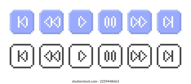 Conjunto retro de vídeo, botones de audio. Ilustración vectorial en el estilo de píxel.