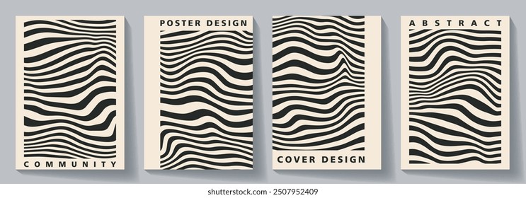 Retro set of vintage 20s geometric design posters, template. Vintage Bauhaus background with black waves for cover design, poster, note book, menu design.