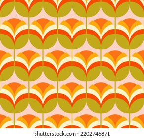 Retro Seventies Geometric Scandinavian Floral Design. Seamless Decorative Pattern With Mid Century Modern Style Floral Motifs.