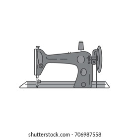 Retro sewing foot machine vector. Metal sewing machine linear illustration