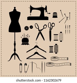 Retro sewing kit icon set. Black vintage sewing kit icons. Mannequin, sewing machine, scissors vintage icons.