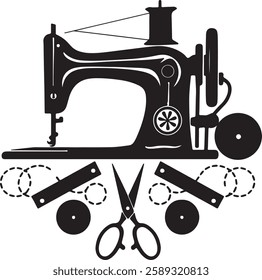 Retro Sewing Machine and Accessories Silhouette Vector. Black Clipart of Sewing Tools, Bobbins, Scissors, and Stitching Equipment