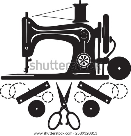 Retro Sewing Machine and Accessories Silhouette Vector. Black Clipart of Sewing Tools, Bobbins, Scissors, and Stitching Equipment