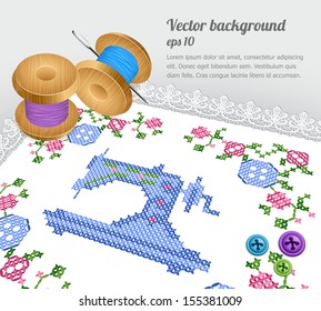 Retro sewing machine / cross stitch with threads