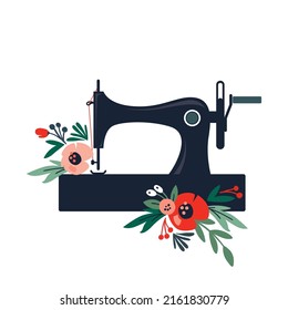 Retro sewing machine with flowers on white background