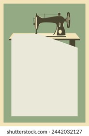 Retro sewing machine illustration with blank paper sheet for text. Art and craft vector background