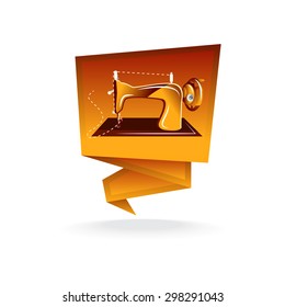 Retro sewing machine on abstract ribbon background, vector illustration