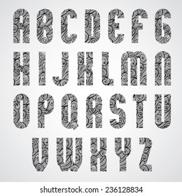 Retro shape letters, bold condensed poster style font with hand drawn curly lines pattern, sketch funky curls doddle style drawing vector alphabet. Letters designed specially, uppercase vector set.