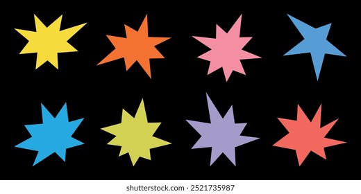 Retro shape in trendy 70s -90s Groovy style. Abstract star spark. Colorful Sparkles Geometric Forms Set. Vector illustration.	