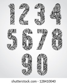 Retro shaped bold numbers, old style numerals with hand drawn curly lines pattern and rounded corners, sketch funky curls doddle style drawing vector symbols. Numbers designed specially, vector.