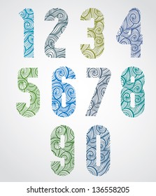 Retro shaped color numbers, old style numerals with hand drawn curly lines pattern and rounded corners, sketch funky curls doddle style drawing vector symbols. Numbers designed specially, vector.