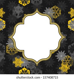 retro shaped white frame with place for your text on falling light and dark gray and yellow different snowflakes winter seasonal seamless pattern on dark background 