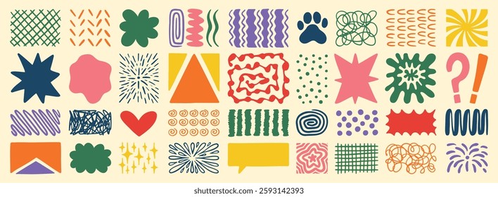 Retro shapes elements set. Abstract paw, star, flower, shapes and stickers. Groovy funky bubble, star, print, lines, waves. Trendy retro 60s, 70s or 90s cartoon colorful style. . Vector illustration