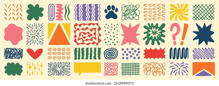 Retro shapes elements set. Abstract paw, star, flower, shapes and stickers. Groovy funky bubble, star, print, lines, waves. Trendy retro 60s, 70s or 90s cartoon colorful style. . Vector illustration