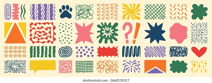 Retro shapes elements set. Abstract paw, star, flower, shapes and stickers. Groovy funky bubble, star, print, lines, waves. Trendy retro 60s, 70s or 90s cartoon colorful style. . Vector illustration
