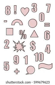 Retro shapes and figures in the style of the 90s Outline and pink color Set of vector illustration Abstract forms and design elements Back to school theme, flat design