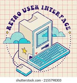 Impression rétro aiguisée avec vieil ordinateur et slogan. Illustration vintage PC pour t-shirt. Illustration de machine de traitement de données obsolète. Un ordinateur central à l'ancienne école.