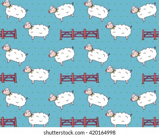 Retro Sheep jumping over the fence Vector Pattern.Illustration Isolated Background.