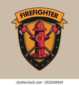 Retro shield for fire department vector illustration. Bright label with red fire hydrant and crossed axes. Emergency and firefighting concept can be used for retro template