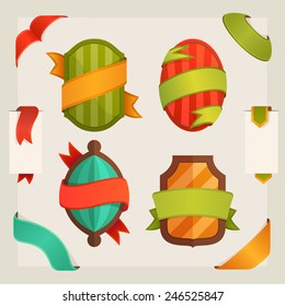 Retro shield, ribbons and corner set. Vector design template element