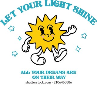 Retro Shiny Happy Sun Vector Art Illustration.Smiling Sun Positive Vibes with Peace Icon Fashion Illustration. Vintage Slogan T shirt Print Design.