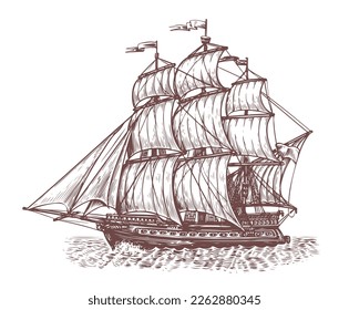 Retro ship sails on waves of sea. Sailboat sailing, side view. Vintage vector sketch engraved illustration