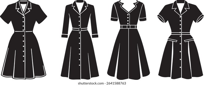 Retro Shirt Dress Vector Collection Vintage Women’s Button Down Dress Illustrations