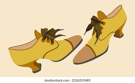 Retro shoes with decoration. Vintage shoes with small elegant heels and lacing. Vector isolated illustration.