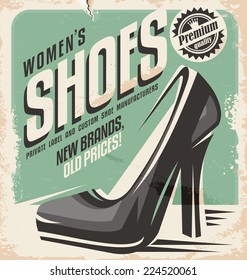 Retro shoes store promotional poster design. Creative template concept for women fashion flyer.