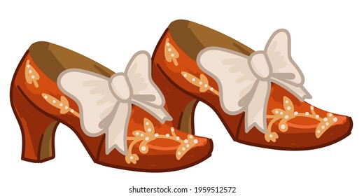 Retro shoes for women with decorative floral ornament and ribbon bows. Isolated footwear on high heel, vintage accessories for noble ladies. Outfit or apparel for balls. Vector in flat style