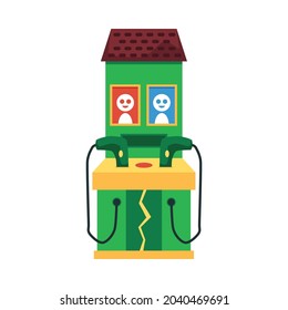 Máquina recreativa de tiro retro con dos controladores de armas aislados en fondo blanco. Videoconsola verde en forma de casa con personas objetivo, ilustración vectorial.