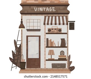 Retro shop. Graphic vintage store. Detailed stylish store. Showcase. Vector illustration of the flat plane style.Vector vintage printable poster