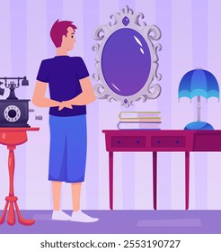 Retro shop vector with customer examining vintage goods. Antique shop with table, mirror, lamp and old telephone. Pawn shop with vintage items. Flat illustration.
