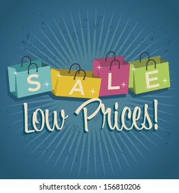 Retro shopping bags illustration with low prices