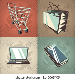 retro shopping cellphone cart handbag and laptop set grunge style