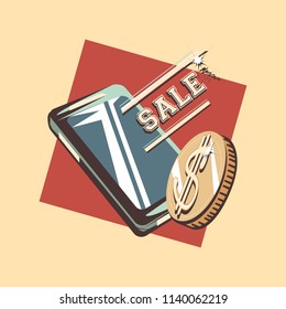 retro shopping cellphone dollar coin sale