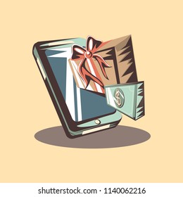 retro shopping cellphone gift box banknote money
