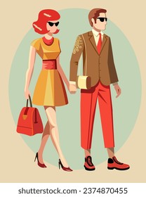 Retro shotlist couple of stylishly dressed man and woman in 60s fashion  Retro color palette Vector
