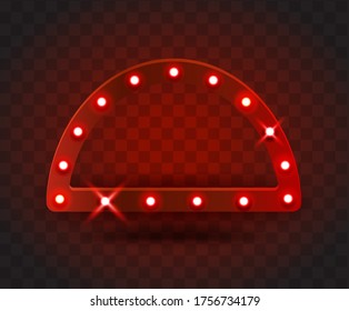 Retro SHOW TIME arc frame signs realistic vector illustration. red arc frame with electric bulbs for performance, cinema, entertainment, casino, circus. Transparent background.