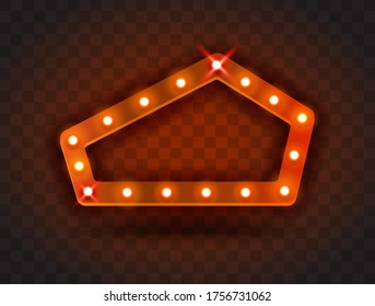 Retro SHOW TIME pentagon frame signs realistic vector illustration. Red pentagon frame with electric bulbs for performance, cinema, entertainment, casino, circus. Transparent background.
