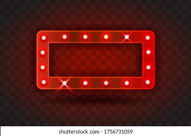 Retro SHOW TIME rectangle frame signs realistic vector illustration. Red rectangle frame with electric bulbs for performance, cinema, entertainment, casino, circus. Transparent background.