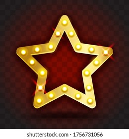 Retro SHOW TIME star frame signs realistic vector illustration. Gold star frame with electric bulbs for performance, cinema, entertainment, casino, circus. Transparent background.