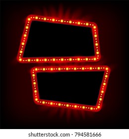 Retro Showtime 1950s Frame Design. Neon Lamps Advertising billboard on dark. Hollywood sign, casino light element. Vector Cinema and theater Banner Light Bulbs for Sale flyers