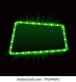 Retro Showtime 1950s Frame Design. Neon Lamps Advertising billboard on dark. Hollywood sign, casino light element. Vector Cinema and theater Banner Light Bulbs for Sale flyers
