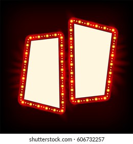 Retro Showtime 1950s Sign Design. Neon Lamps billboard on dark background. American casino advertisement, vector illustration. Cinema and theater Signage Light Bulbs Frame for Sale flyers